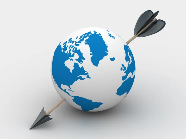 Globe propíchnuté šípem. 3D obrázek. — Stock fotografie