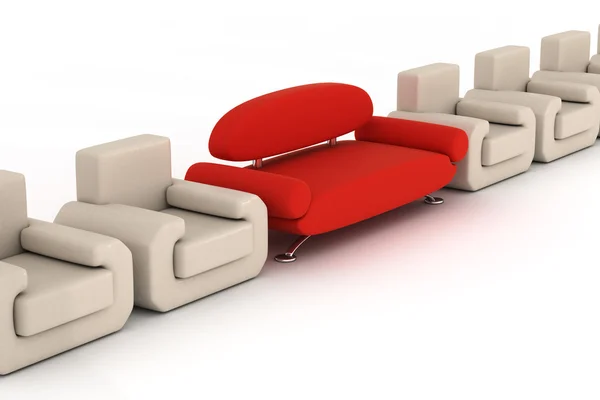 Rij fauteuils en rode sofa — Stockfoto