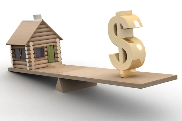Σπίτι και δολάριο σε κλίμακες. 3D εικόνας. — Φωτογραφία Αρχείου