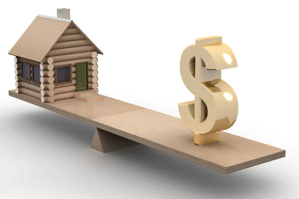 Huset och dollarn på skalor. 3D-bild. — Stockfoto