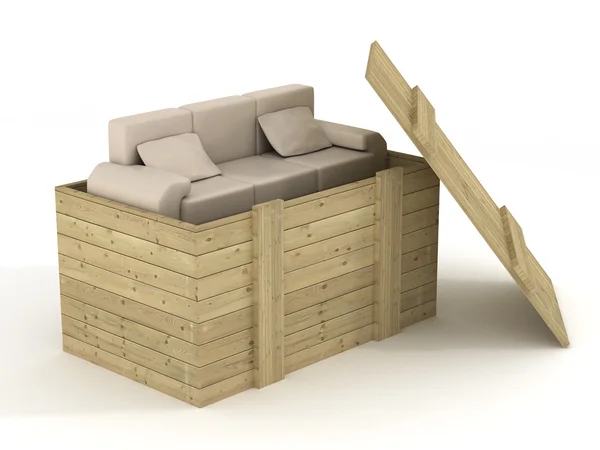 Кожаный диван в открытой коробке. 3D изображение . — стоковое фото