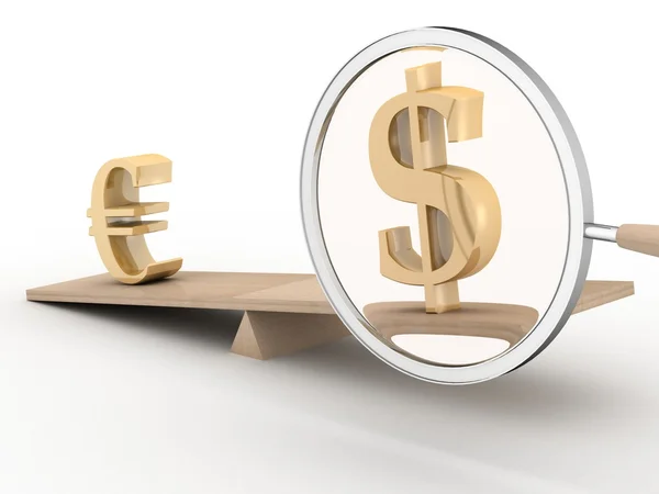 Dólar e euro em balanças — Fotografia de Stock