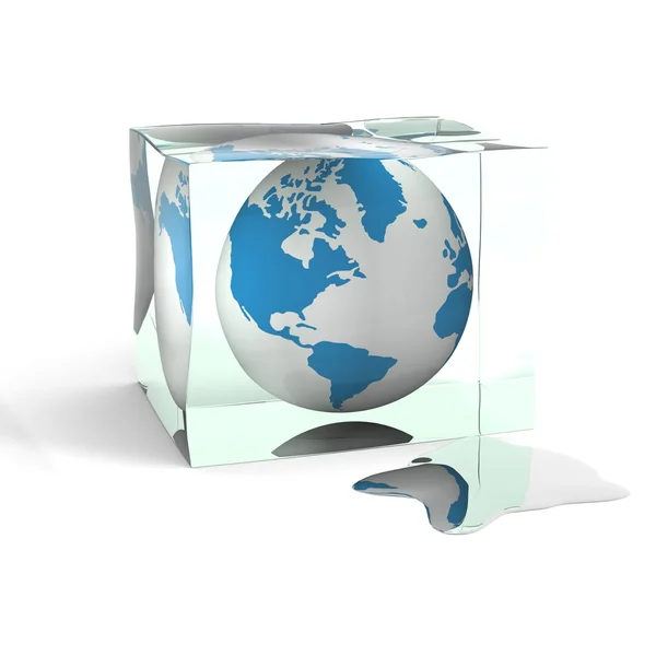 Världen i en kub av en is. 3D-bild — Stockfoto