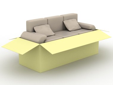 Leather sofa in a packing box clipart