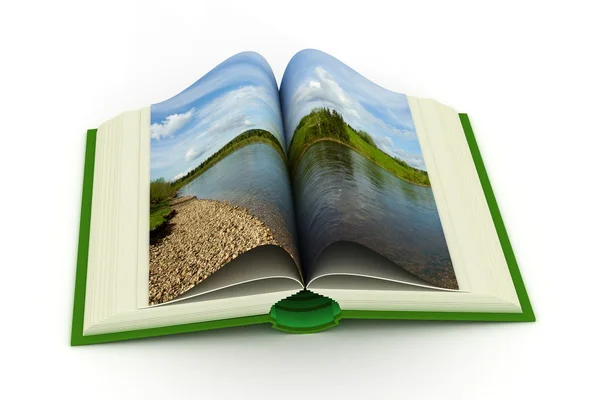 Nyitott könyv egy táj. 3D-s kép. — Stock Fotó