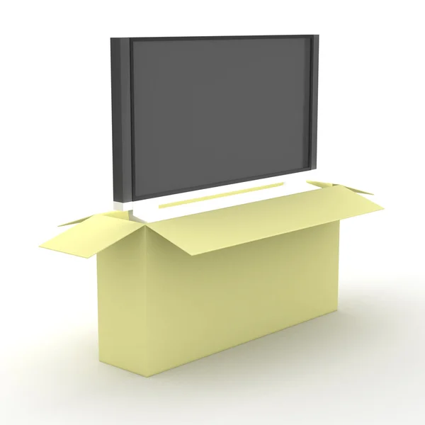 TV in een doos verpakking. 3D-beeld. — Stockfoto