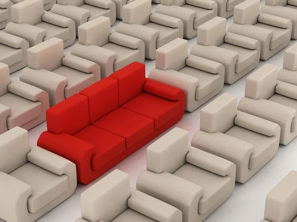 Rij van witte fauteuils en rode sofa — Stockfoto