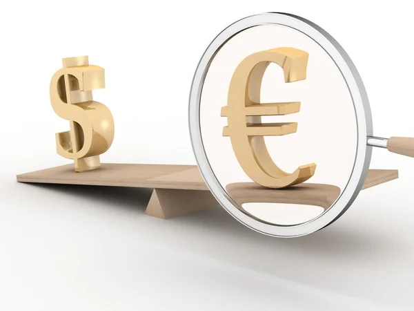 Dólar e euro em balanças. Imagem 3D . — Fotografia de Stock