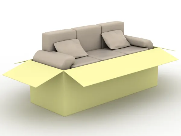 Bőr kanapé egy csomagoló doboz — Stock Fotó