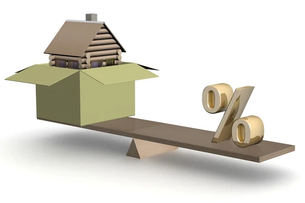 Casa em caixa e por cento em balanças — Fotografia de Stock