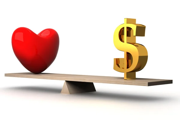 Koncept volby mezi láskou a peníze — Stock fotografie