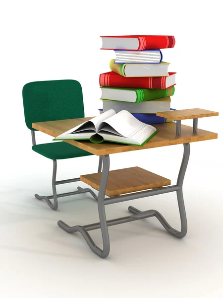 Escritorio escolar con libros de texto. Imagen 3D . —  Fotos de Stock