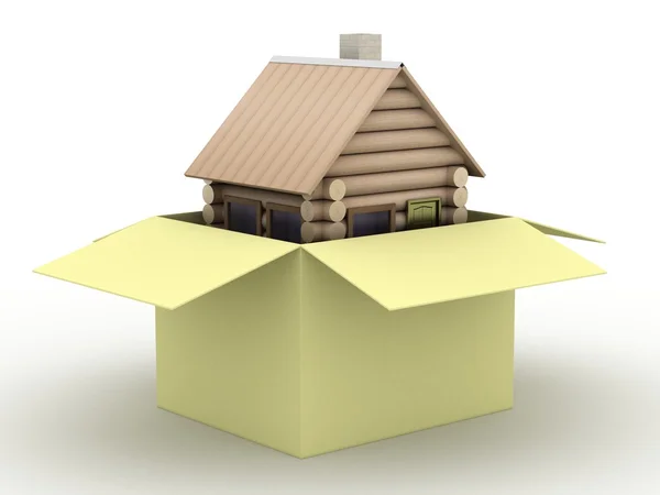 Pequeña casa de madera en una caja — Foto de Stock