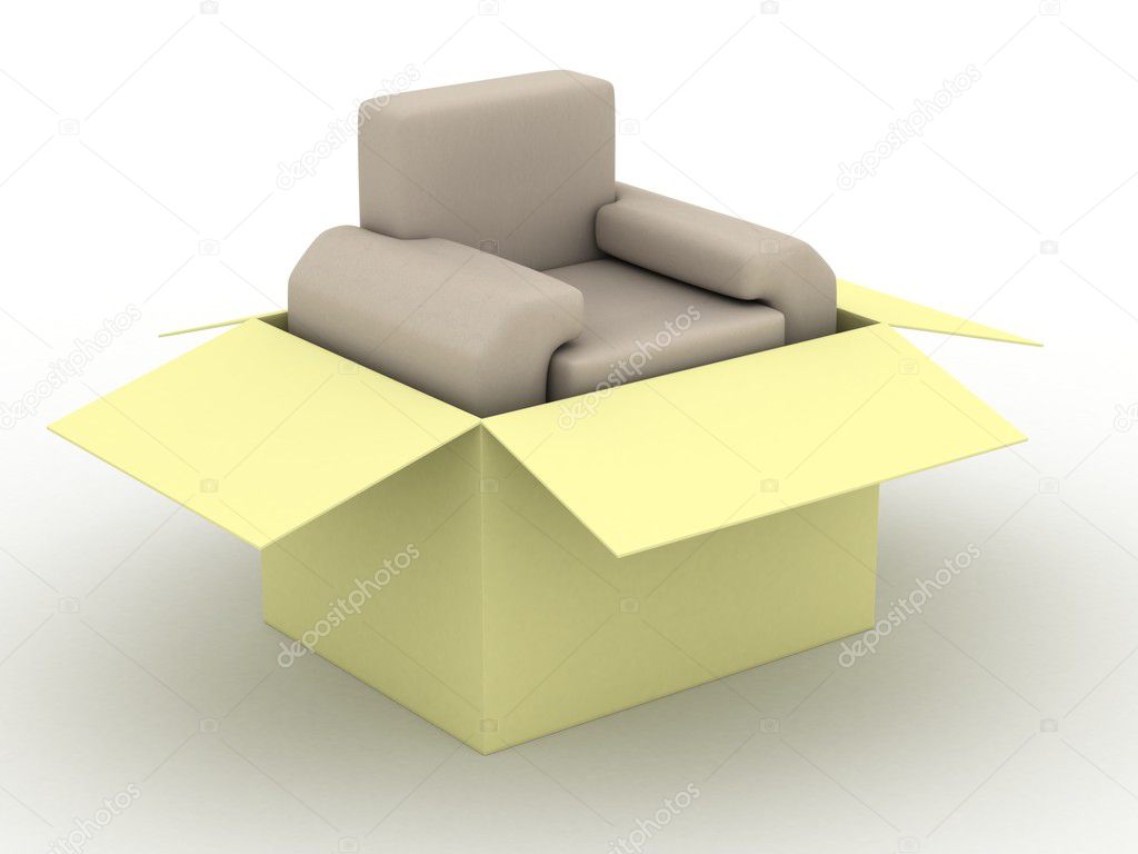 Leather armchair in a packing box
