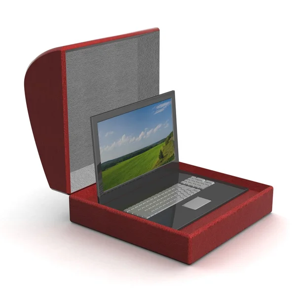 Laptop em uma caixa de presente. Imagem 3D . — Fotografia de Stock