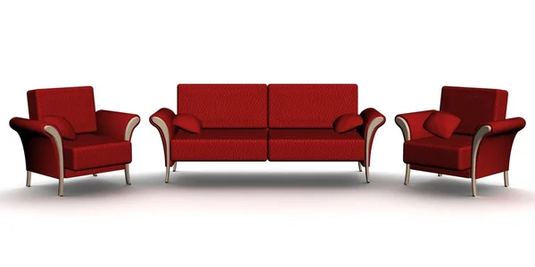 Sofá de cuero rojo y dos sillones — Foto de Stock