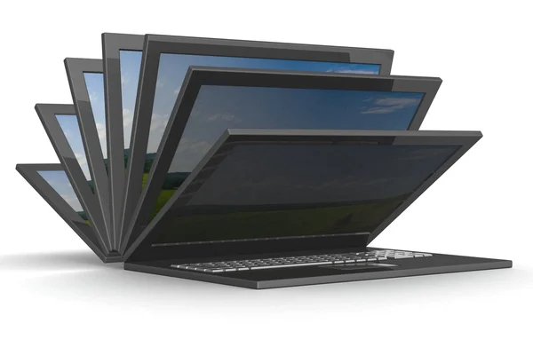 O computador portátil de abertura em um branco — Fotografia de Stock