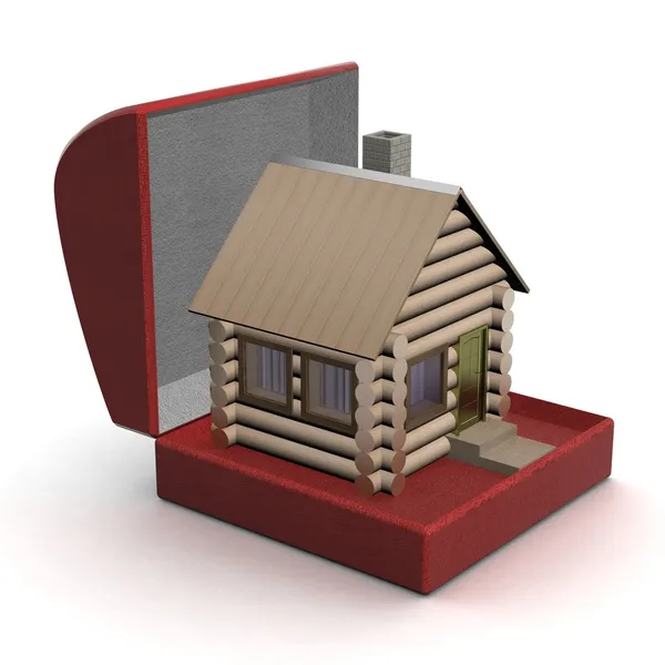 Casa pequena de madeira em uma caixa de presente — Fotografia de Stock