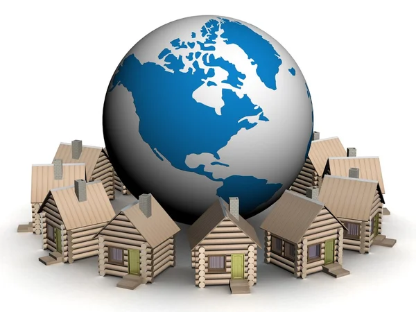 Wooden small houses round globe — Stock Photo, Image