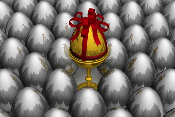 One gold egg among metal. 3D image. — Stock Photo, Image