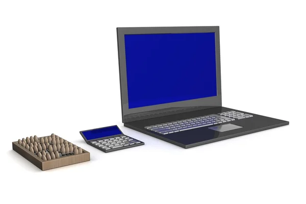 Abacus, calculator, laptop — Stockfoto