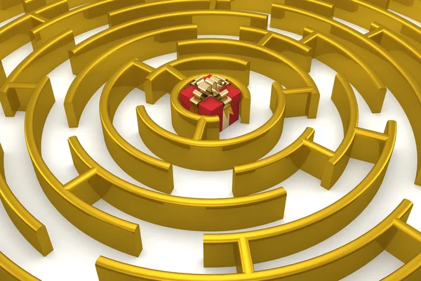 Gold labyrinth with a prize. 3D image. — Stock Photo, Image