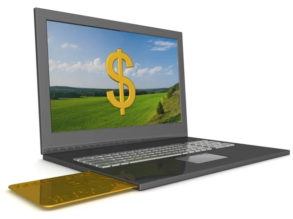 Opel laptop com cartão de crédito. Imagem 3D . — Fotografia de Stock