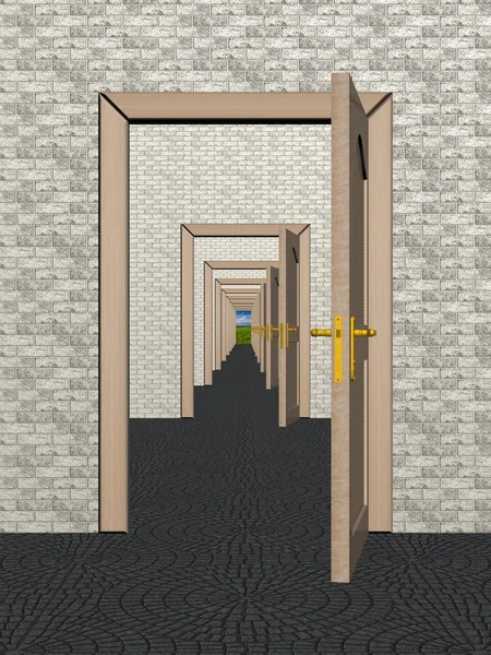 Eine Reihe offener Türen. 3D-Bild. — Stockfoto