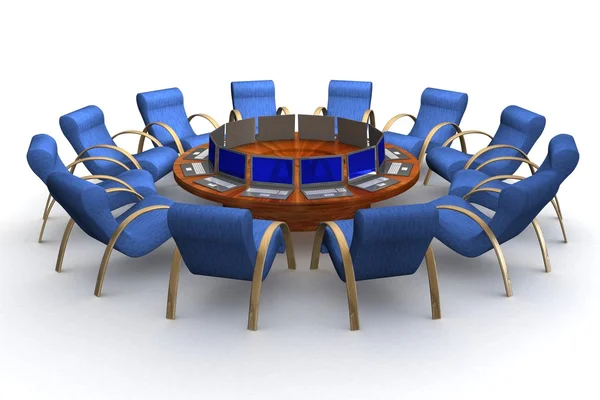 Doze locais de trabalho atrás de uma mesa redonda — Fotografia de Stock