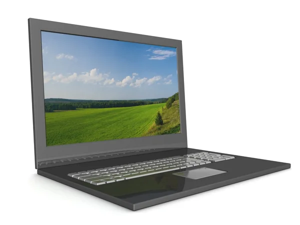 Відкритий ноутбук з пейзажем. 3D-зображення . — стокове фото