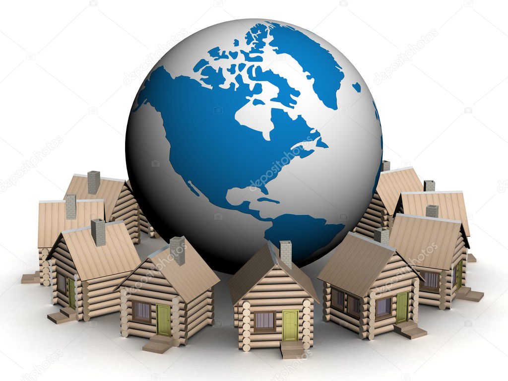 Wooden small houses round globe