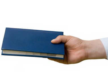 Hand transferring a notebook. Isolated clipart