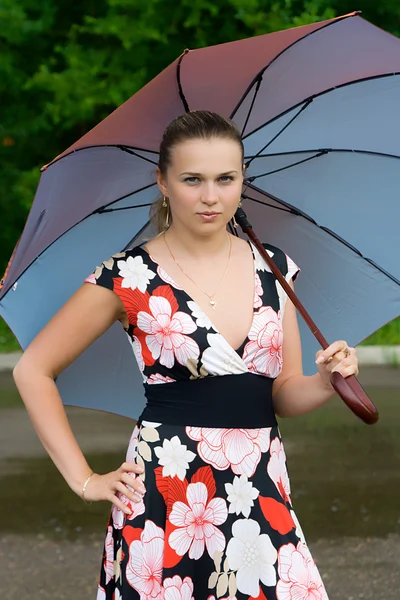 Молодая девушка с зонтиком на природе — стоковое фото