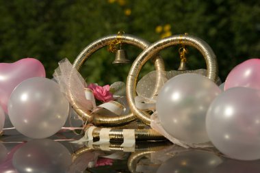 Gold wedding rings on roof of the car clipart