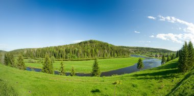 Summer landscape. Village on river clipart