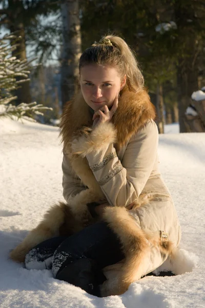 Chica joven sentada en la nieve en la madera . —  Fotos de Stock