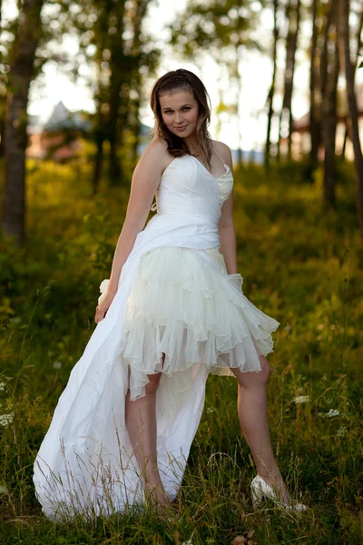 Bride in white dress on nature — Stock Photo, Image