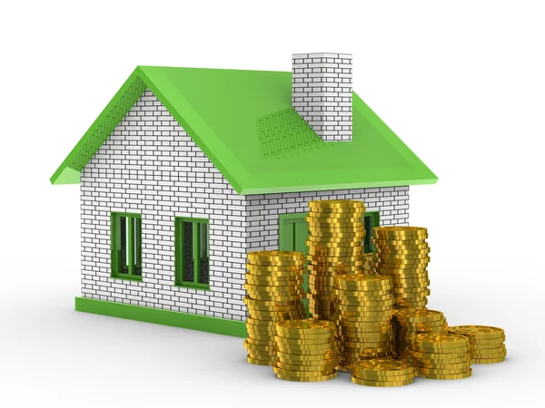 Klein huis en contant geld op wit — Stockfoto