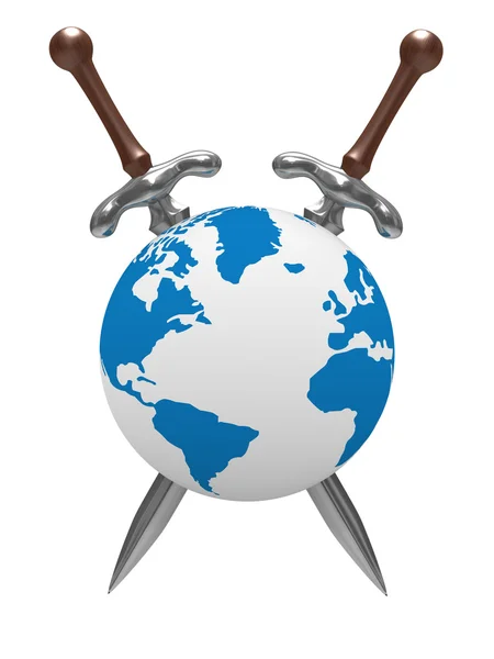 Два меча и глобус на белом фоне — стоковое фото