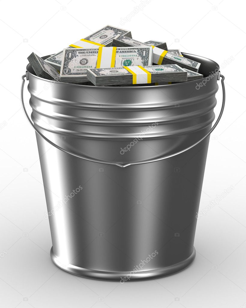 Bucket with money on white background