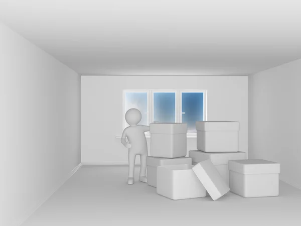 Homme avec des boîtes dans la chambre. Image 3D — Photo