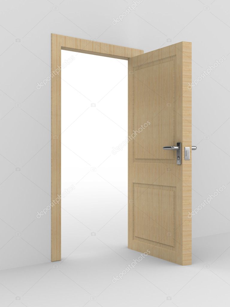 Wooden open door. 3D image
