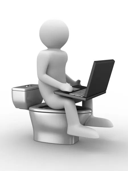 Man sits on toilet bowl with laptop — Stock Photo, Image