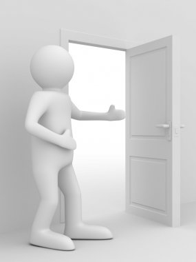 Man invites to pass open door. 3D image clipart