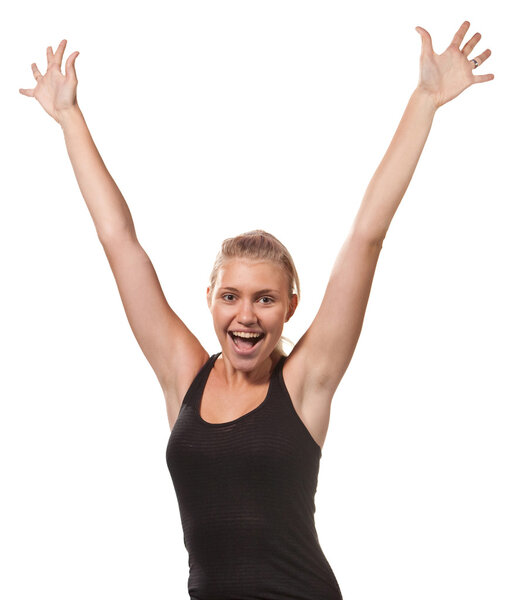 Pretty slim girl with raised hands. Isolated on white.