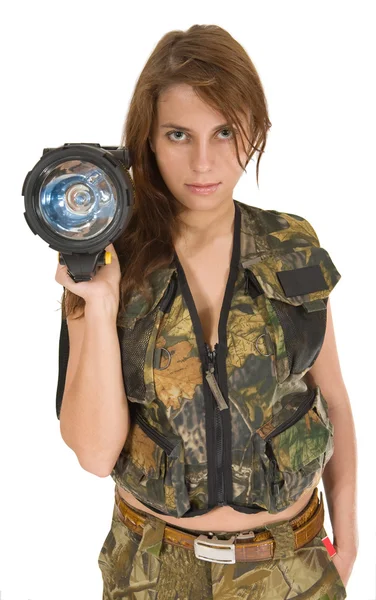 Woman with flashlight — Stock Photo, Image