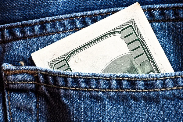 Blue jeans pocket with hundred banknote — Stock Photo, Image