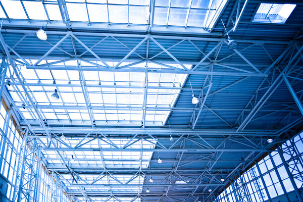 Blue unusual geometric ceiling of office building