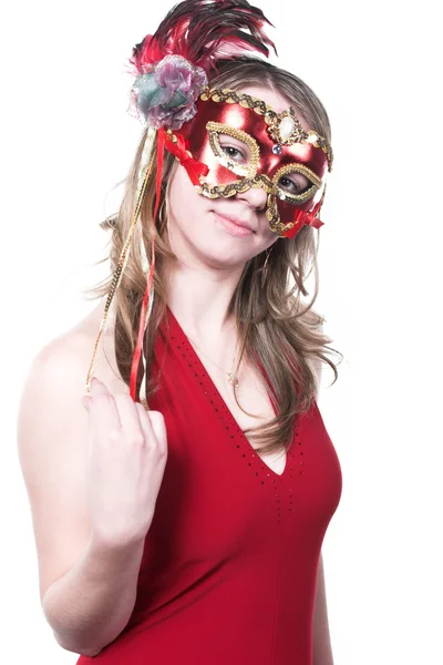 Mulher de máscara vermelha no carnaval — Fotografia de Stock