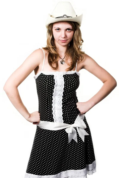 Waitress in spotted dress and stetson — Stock Photo, Image
